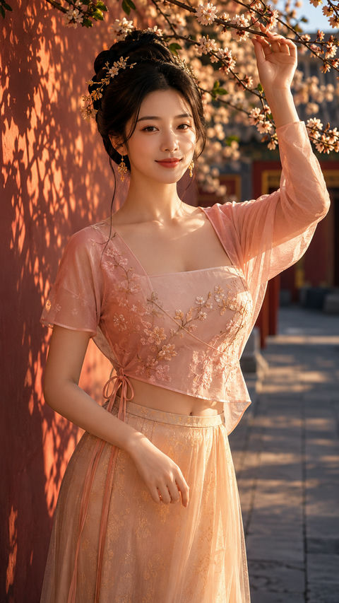 唐风华裳：宫墙花影下的贵女宴游图 - AI图片提示词示例