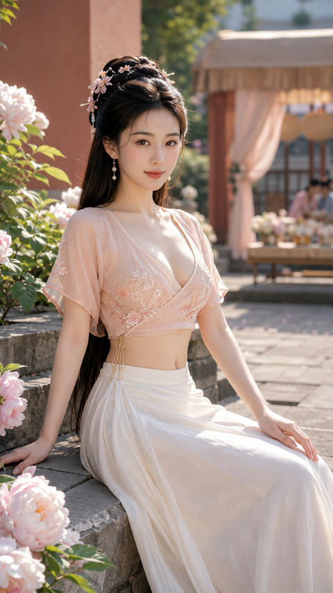 盛唐春宴：桃色轻罗贵女花阶写真 - AI图片提示词示例