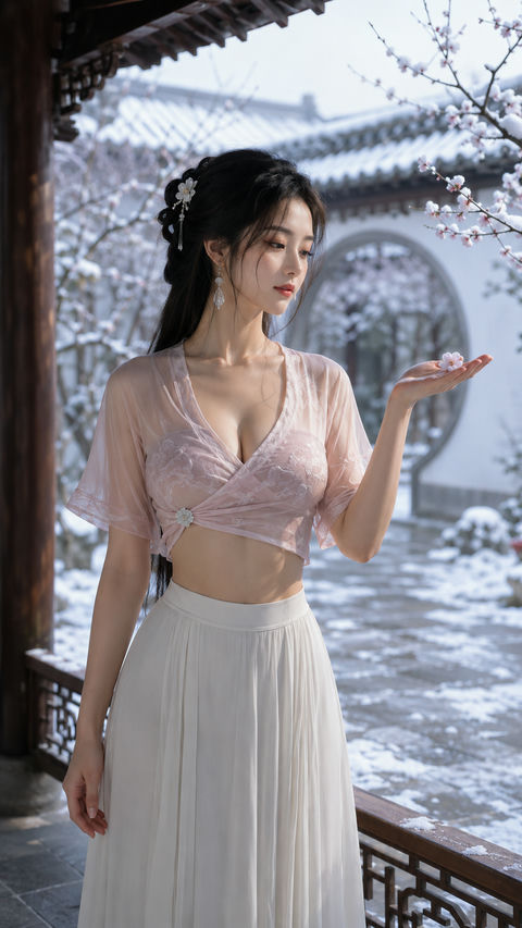 唐韵初雪：庭院深处接花贵女 - AI图片提示词示例