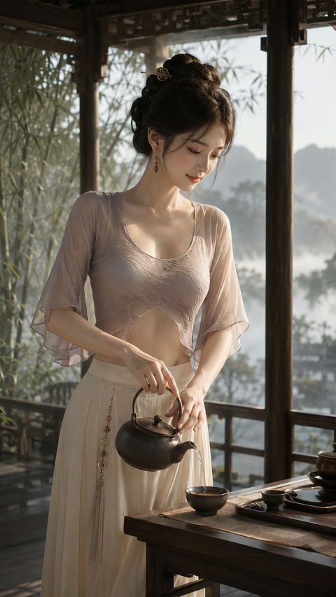 唐风仙韵：晨雾茶亭中的优雅仕女 - AI图片提示词示例