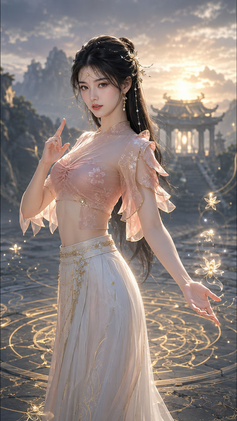唐风幻境：淡珊瑚罗衣花灵女修姿影 - AI图片提示词示例