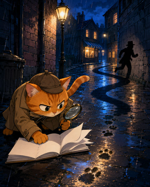 蓝色雨夜下的橘猫大侦探追逐离奇黑影 - AI图片提示词示例