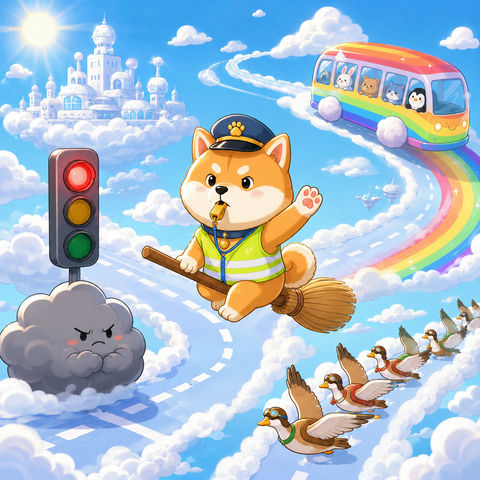 柴犬交警指挥云端交通的奇幻空中街头 - AI图片提示词示例