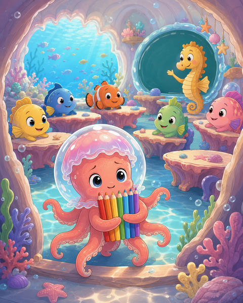 小章鱼的第一天：梦幻海底学校开学季 - AI图片提示词示例