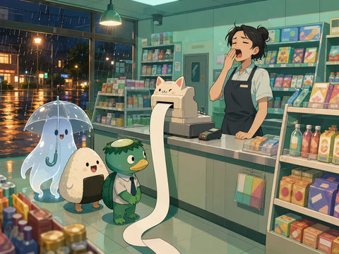深夜便利店的暖心妖怪小队 - AI图片提示词示例