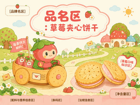 莓果村的草莓邮差：儿童饼干包装插画 - AI图片提示词示例