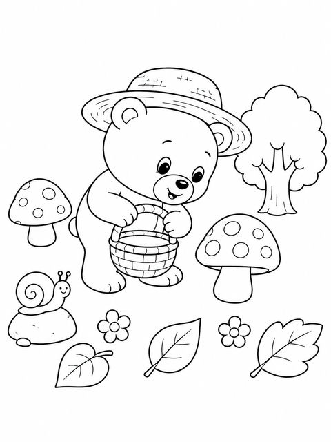 森林小熊采蘑菇儿童手绘涂色卡 - AI图片提示词示例