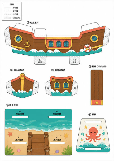 趣味儿童海盗船纸板手工拼装模板 - AI图片提示词示例