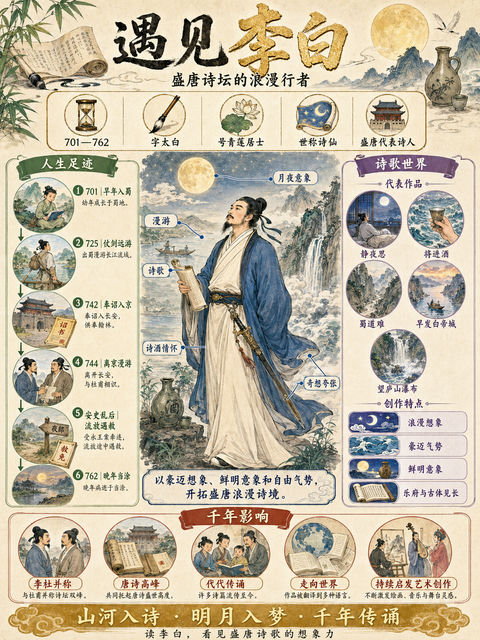 遇见李白：大唐诗仙的一生精绘百科 - AI图片提示词示例