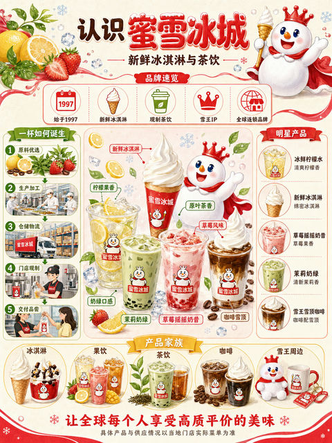 蜜雪冰城品牌全景百科插画海报 - AI图片提示词示例