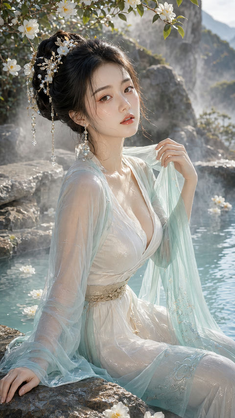 东方贵女春日沐汤水光美妆写真 - AI图片提示词示例