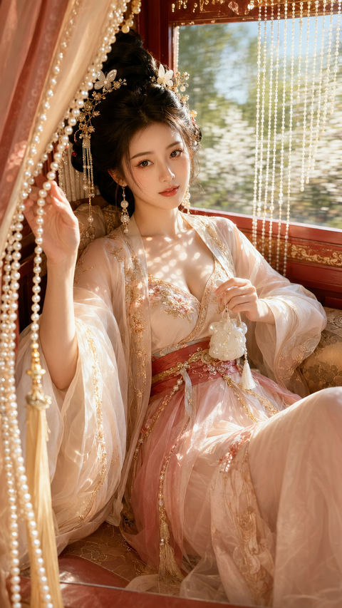 春日香车锦绣行：东方贵女慵懒写真 - AI图片提示词示例