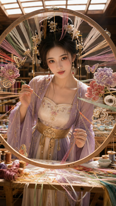 绣影弄花：古风贵女刺绣工坊肖像 - AI图片提示词示例