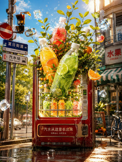 盛夏果味奇遇：街角复古贩卖机里的微型果园 - AI图片提示词示例