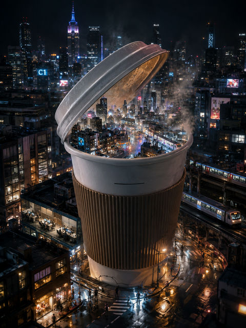 咖啡杯里的赛博之城：深夜微缩奇观 - AI图片提示词示例