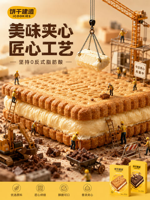 巨型夹心饼干微缩世界施工现场创意海报 - AI图片提示词示例