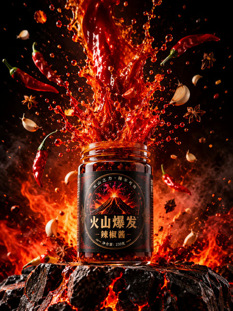 熔岩般喷发热辣冲击的商业辣酱海报 - AI图片提示词示例
