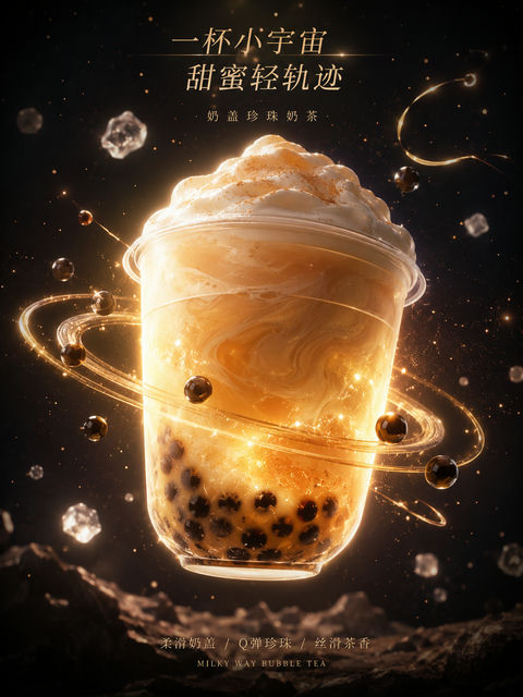 宇宙奶茶：星际环绕的梦幻甜品广告海报 - AI图片提示词示例
