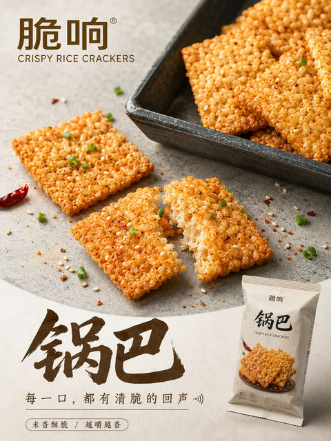 极简主义高端中式脆响锅巴海报 - AI图片提示词示例