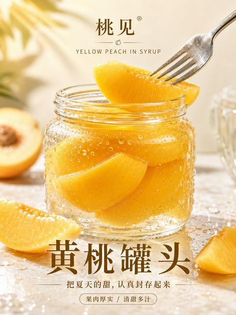 夏日沁心黄桃罐头高端商业海报 - AI图片提示词示例