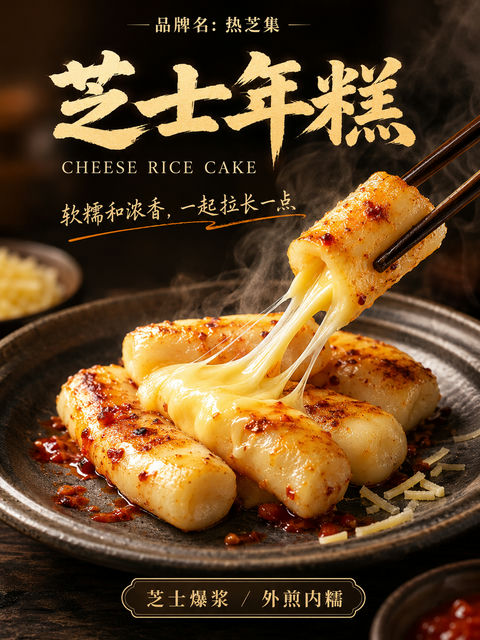 高端韩式拉丝芝士年糕美食摄影海报 - AI图片提示词示例
