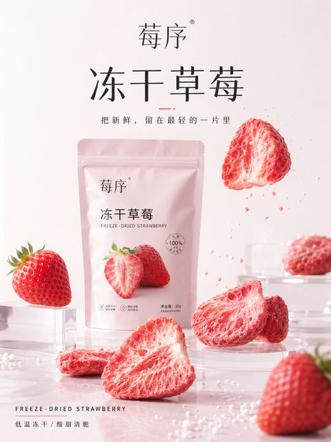 极简风高端冻干草莓健康零食海报 - AI图片提示词示例