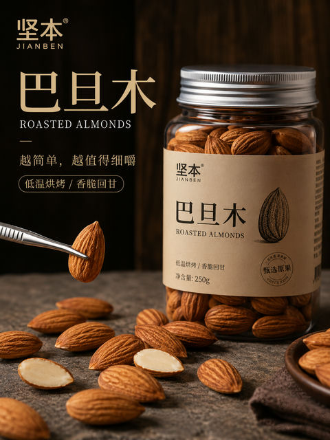高级感巴旦木坚果写实静物海报 - AI图片提示词示例