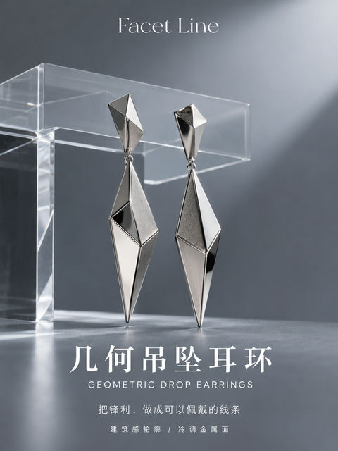 冷调先锋几何建筑感吊坠耳环海报 - AI图片提示词示例