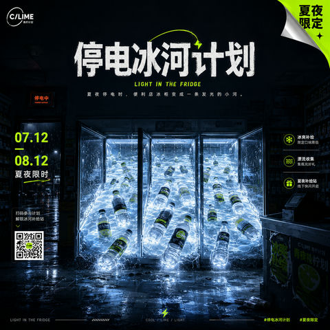 夏夜断电便利店冰柜发光河流视觉 - AI图片提示词示例