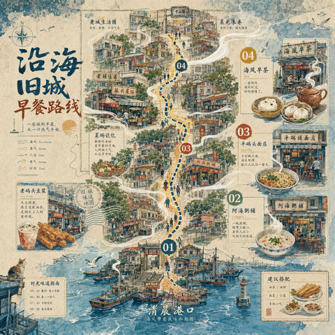 沿海旧城烟火气早餐味觉地形图 - AI图片提示词示例