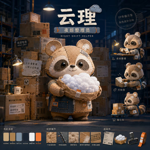 仓库里的整理小兽：企业吉祥物设计升级方案 - AI图片提示词示例