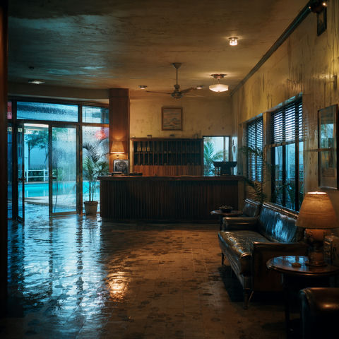 雨后旅馆：被时光浸泡过的旧胶片空间 - AI图片提示词示例