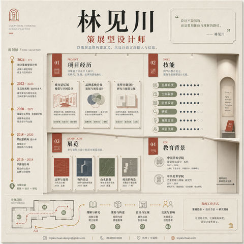 策展式极简海报简历：微缩展厅视觉设计 - AI图片提示词示例