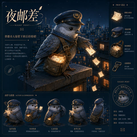 都市深夜的温情守护者：夜班邮差IP升级海报 - AI图片提示词示例