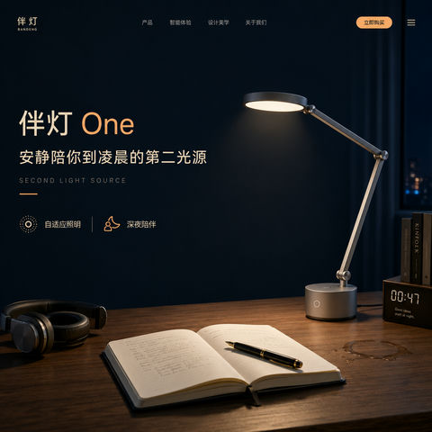 深夜静谧智能台灯官网首屏视觉设计 - AI图片提示词示例