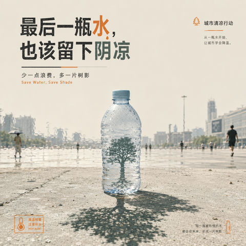烈日下的重生：矿泉水瓶化作绿意之影 - AI图片提示词示例