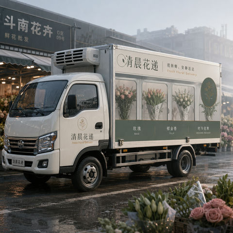 清晨花市中缓慢驶过的鲜花冷链流动冰箱 - AI图片提示词示例