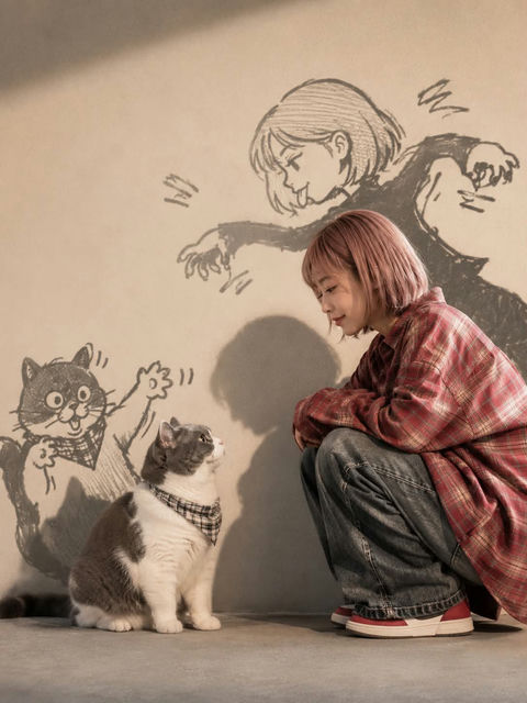 电影感粉发少女与猫咪动漫涂鸦影子 - AI图片提示词示例