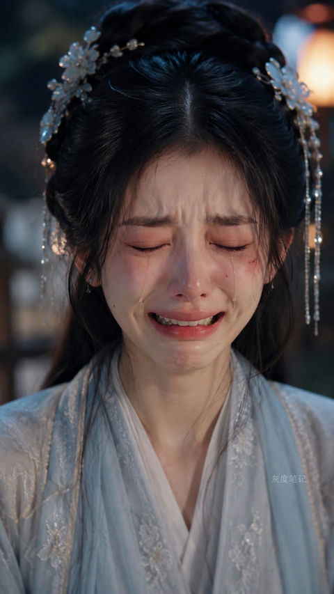 超写实东方少女悲伤哭泣特写 - AI图片提示词示例