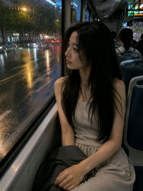 雨后公交车窗边的亚洲女性人像摄影 - AI图片提示词示例