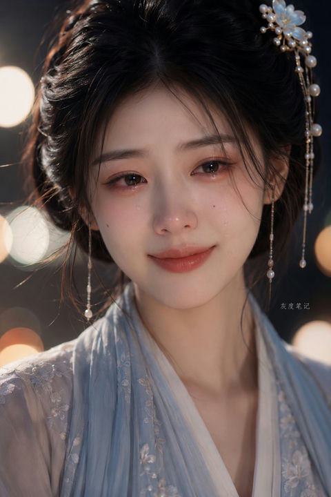 电影级古风流泪少女超写实摄影 - AI图片提示词示例