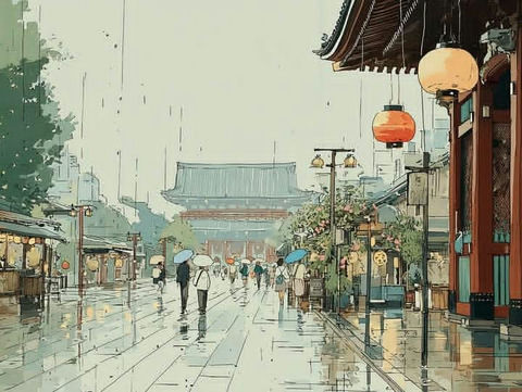日式传统雨中寺庙小镇街道 - AI图片提示词示例