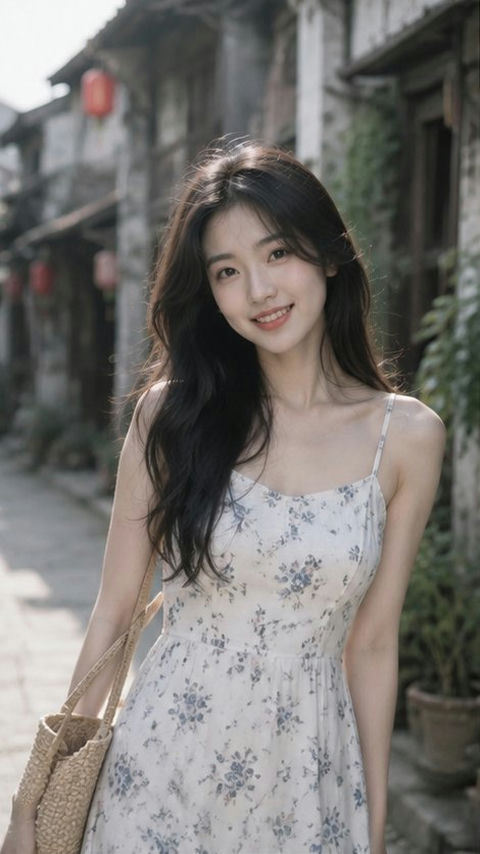 中国古镇石板路上的温柔东亚女性人像 - AI图片提示词示例