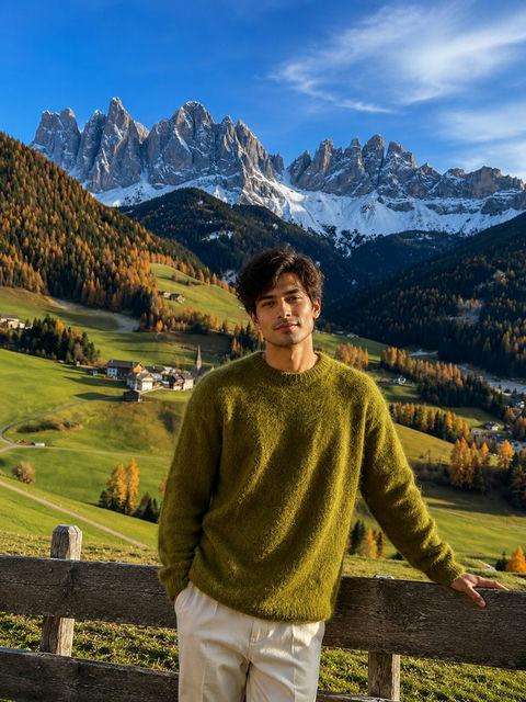 苔藓绿毛衣女子欧洲山谷旅行摄影肖像 - AI图片提示词示例
