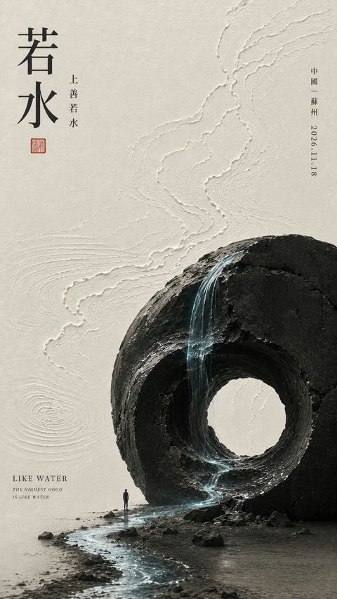 东方极简哲思当代装置艺术海报 - AI图片提示词示例
