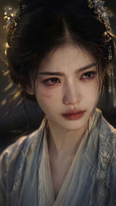 电影级古风少女压抑恨意特写人像 - AI图片提示词示例