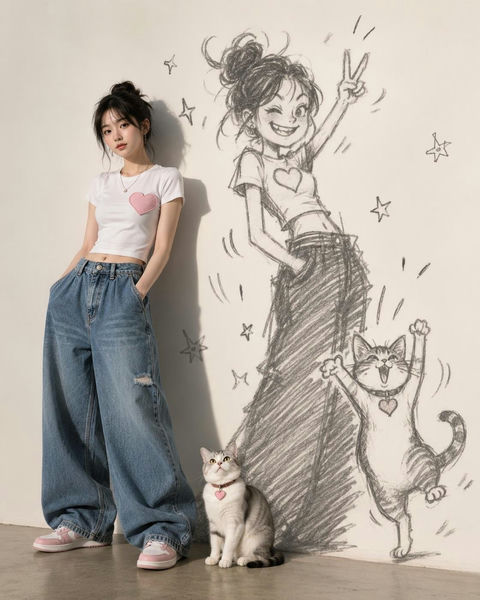 俏皮手绘影子猫与韩国MZ世代女性 - AI图片提示词示例