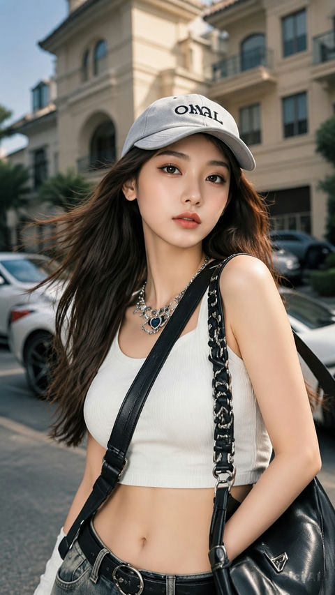 高端奢侈街头风女性特写人像 - AI图片提示词示例