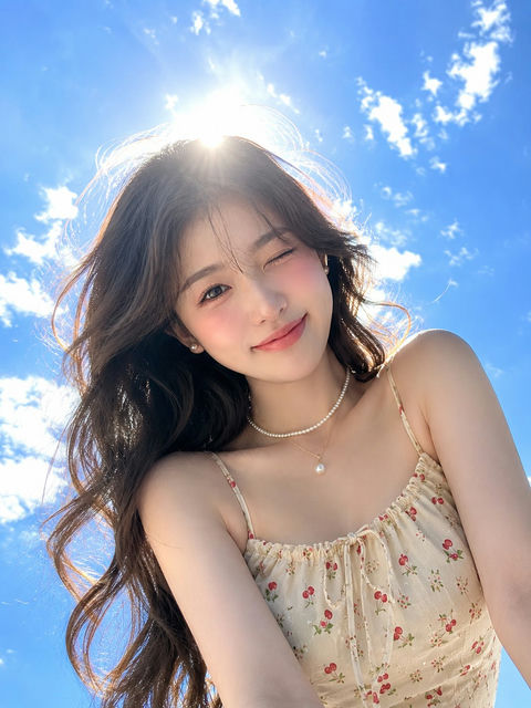 低视角盛夏阳光少女写实人像 - AI图片提示词示例