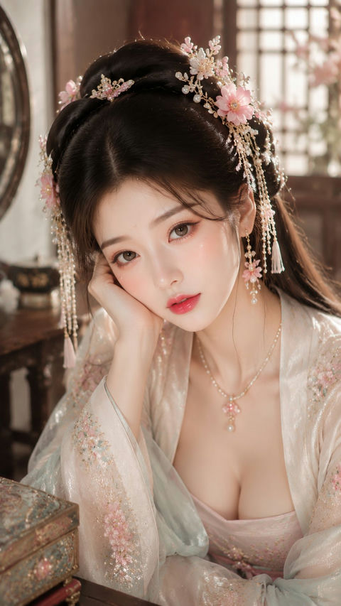 古风贵女海棠水光美妆写真 - AI图片提示词示例